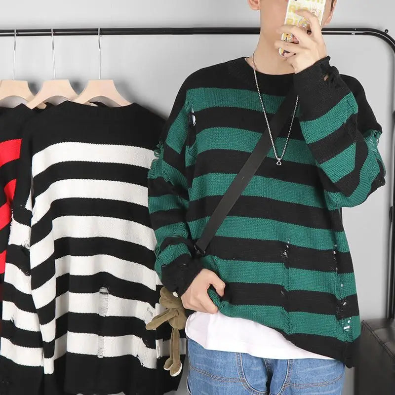 Black Stripe Sweaters Destroyed Ripped Sweater