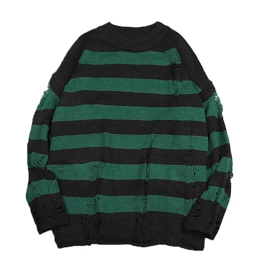 Black Stripe Sweaters Destroyed Ripped Sweater