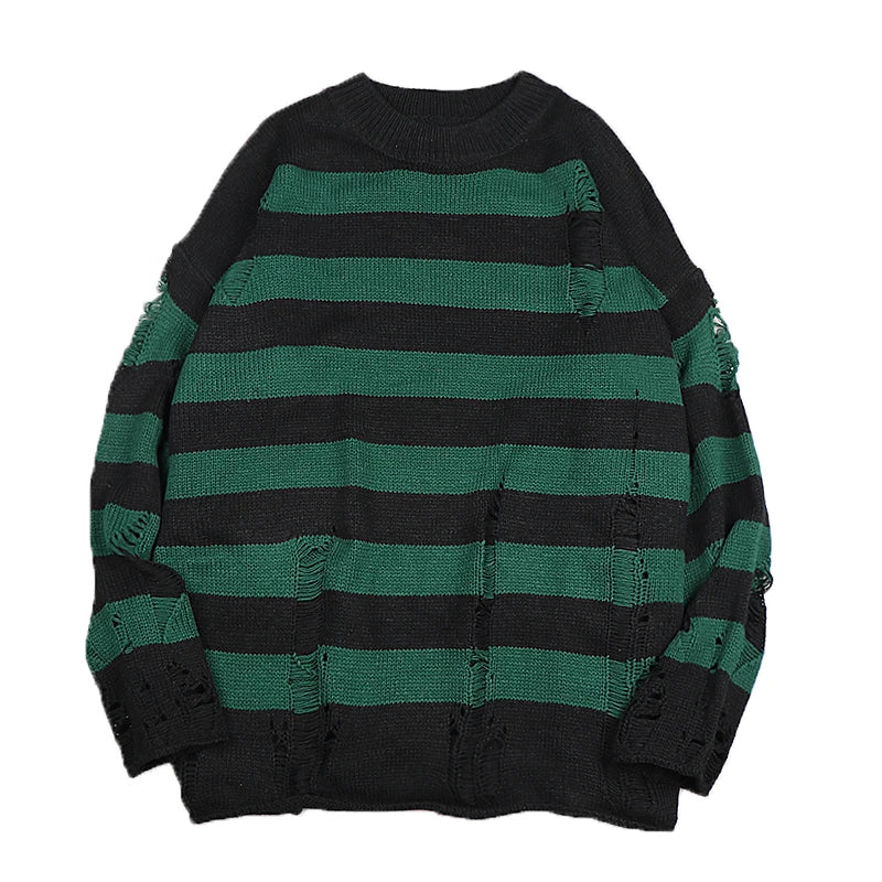 Black Stripe Sweaters Destroyed Ripped Sweater