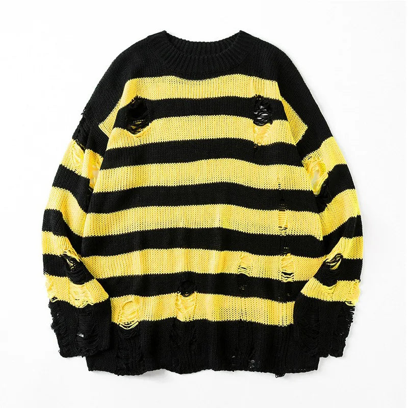Black Stripe Sweaters Destroyed Ripped Sweater