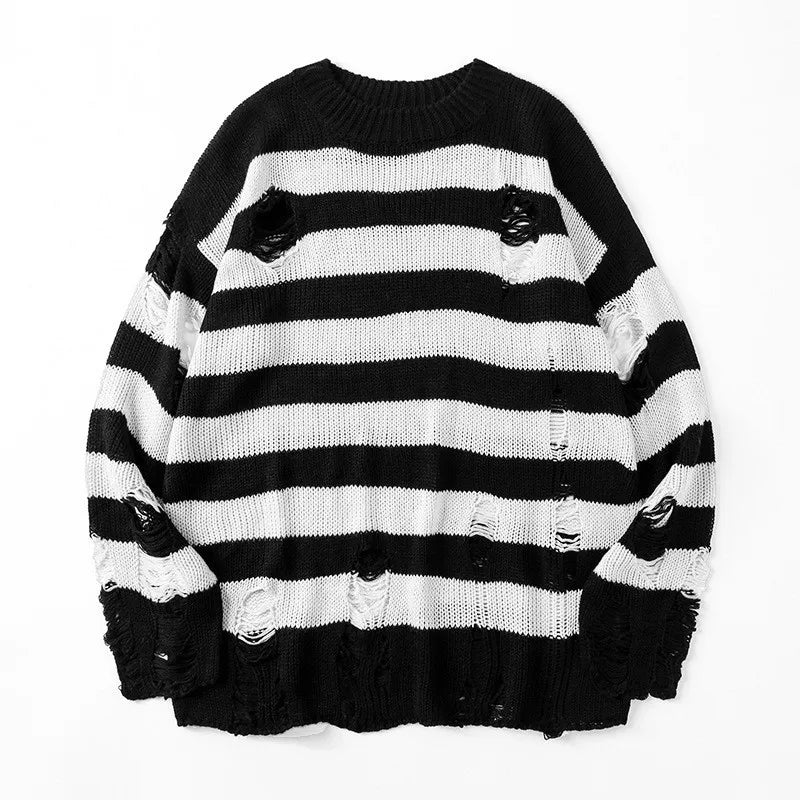 Black Stripe Sweaters Destroyed Ripped Sweater