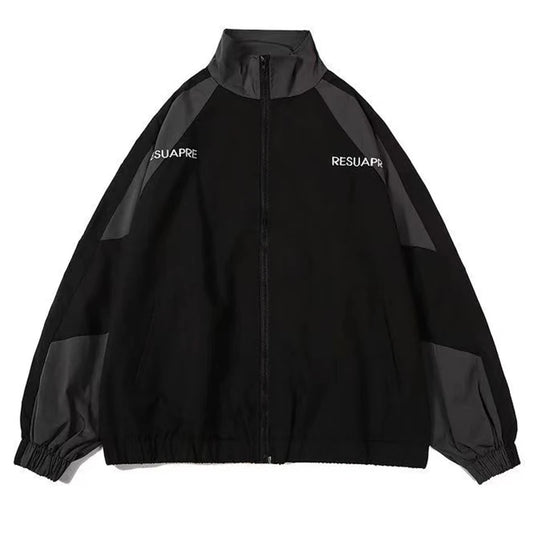 Men High Street Patchwork Black Windbreaker Jackets