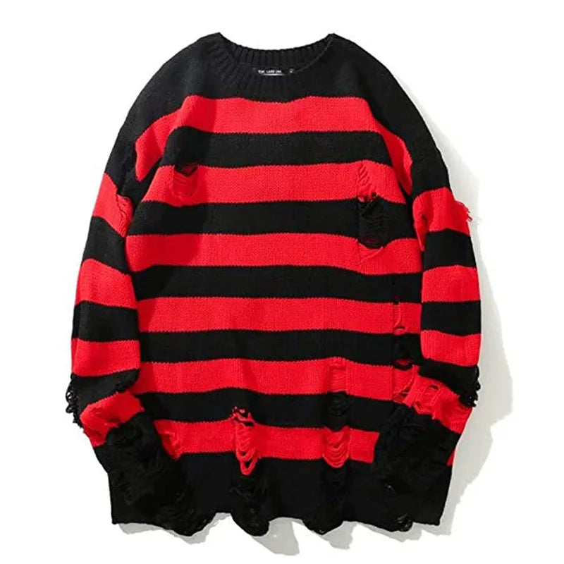 Black Stripe Sweaters Destroyed Ripped Sweater