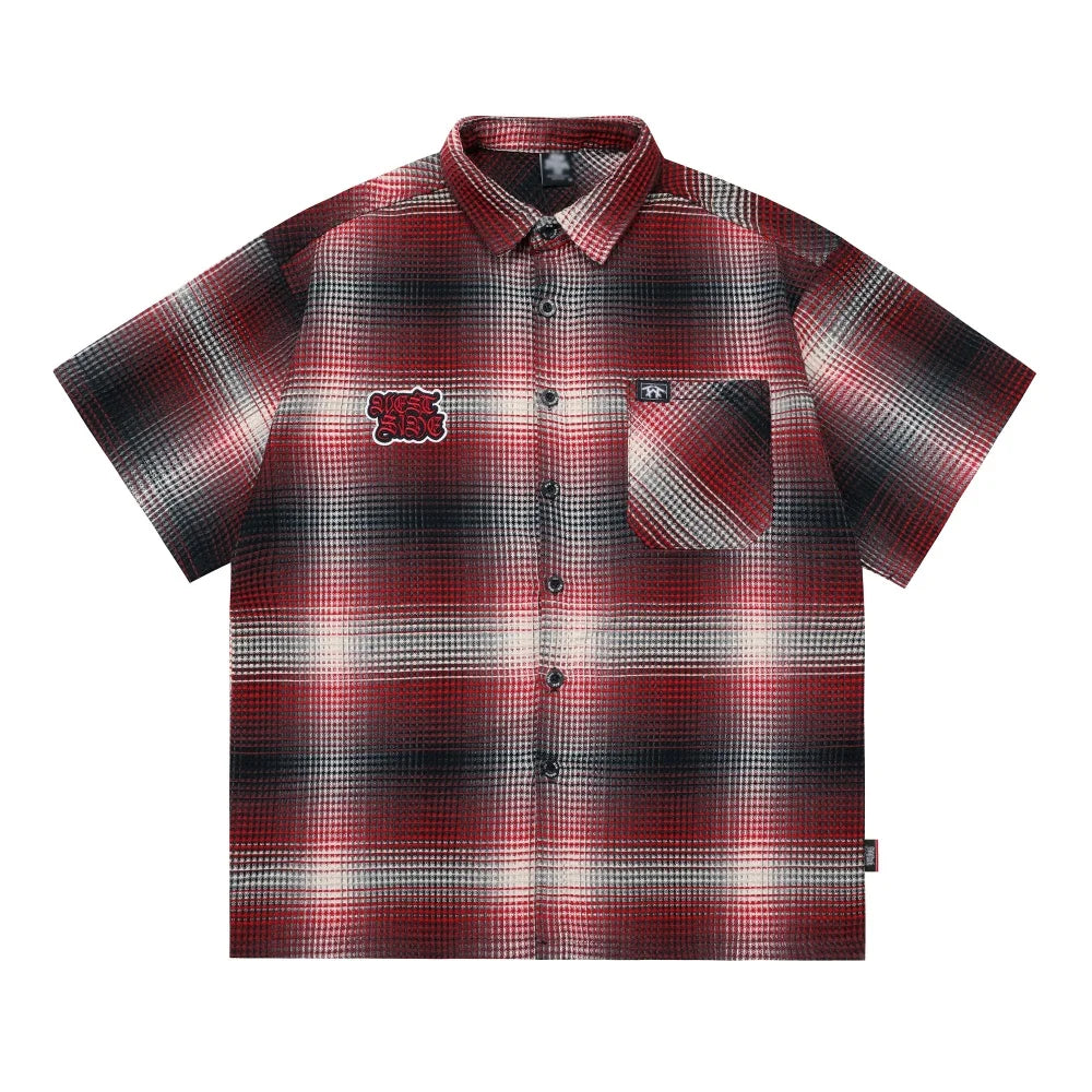 Letter Patch Embroidery Plaid Short Sleeve Shirts